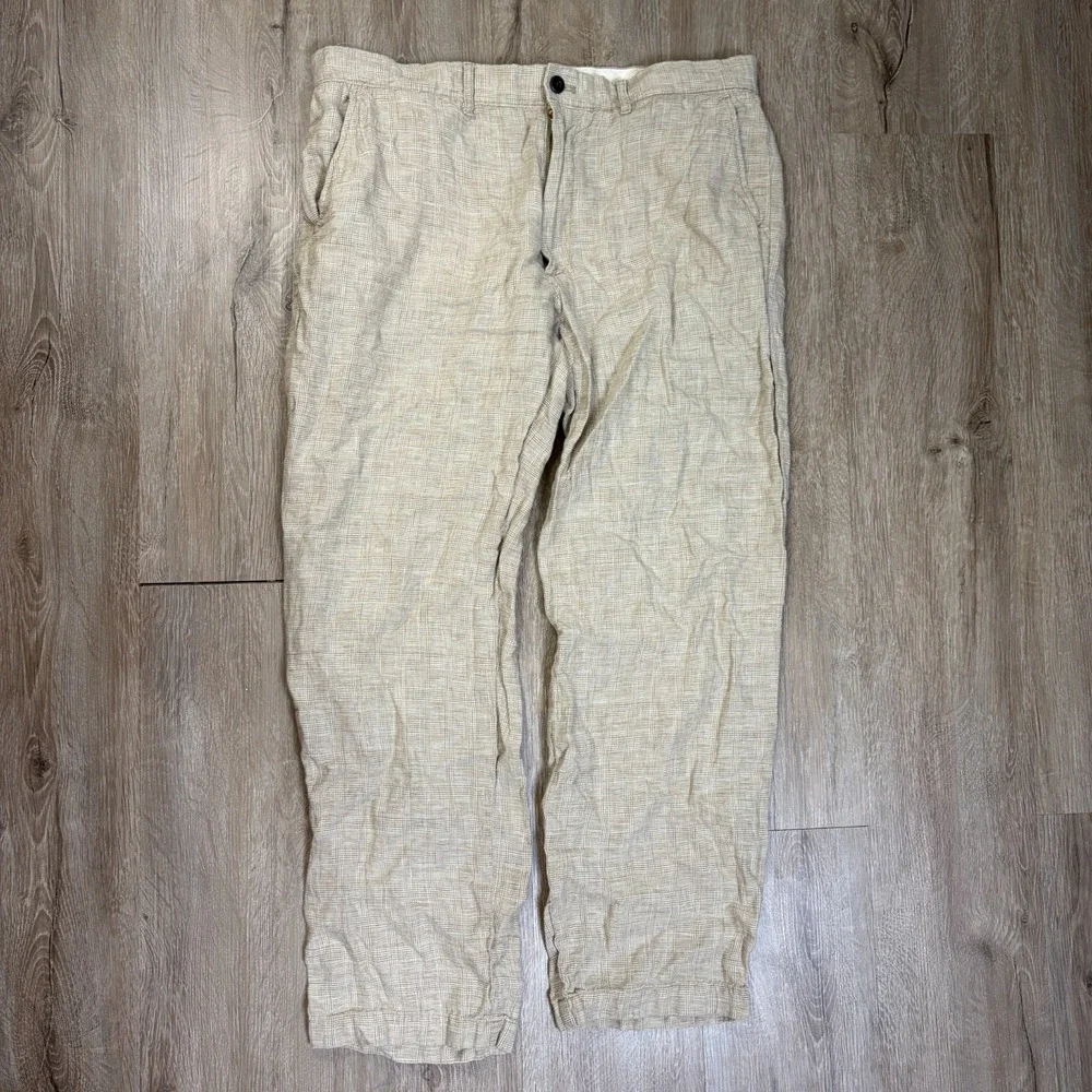 J Crew Classic Fit Linen Trousers 36x32 (Fits 36x30) Plaid Beige 100% Linen
